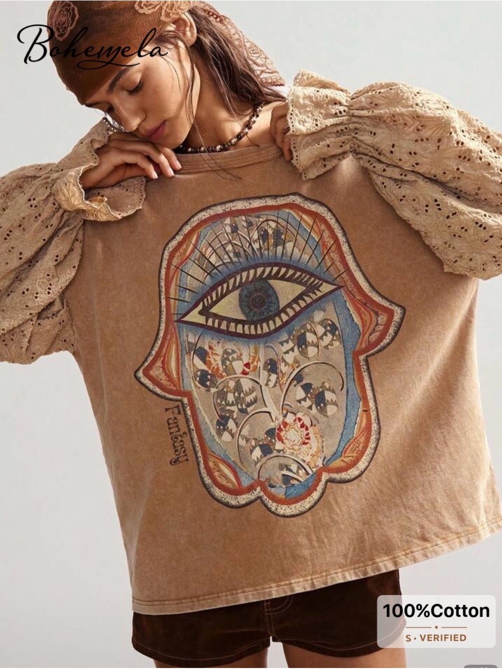 NWOT Bohemela Beige Evil Eye Print Long Sleeve Tee with Eyelet Sleeves, Large - Picture 11 of 16
